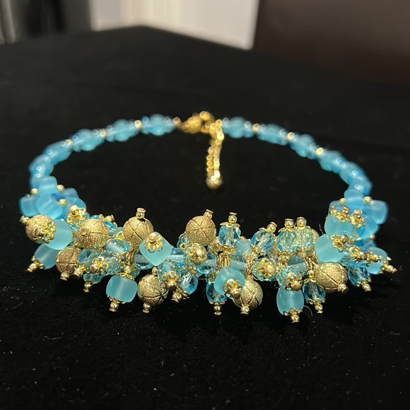 #19 Vintage Blue & Gold Choker Necklace Assorted Beads w Gold Accent - Picture 8 of 8